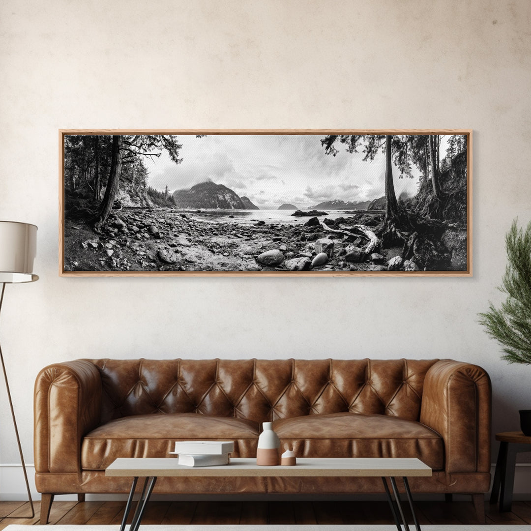 Rocky Shore, Ocean Vista, Misty Wilderness, Framed Canvas Print, Nature Wall Art, Monochrome Landscape, Cabin or Office Decor