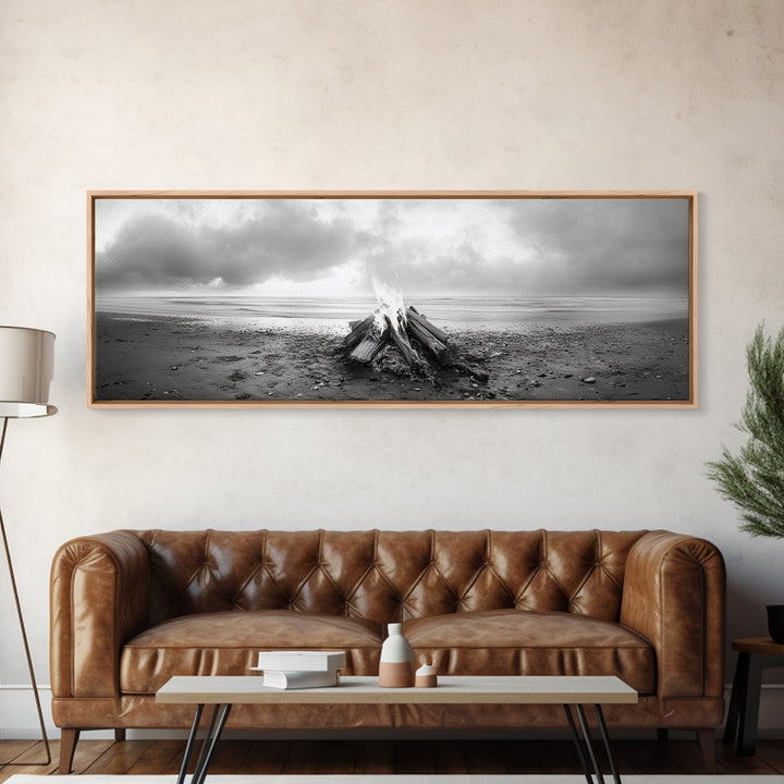 Beach Bonfire, Coastal Glow, Driftwood Fire, Ocean Calm, Framed Canvas Print, Fall Wall Art, Living Room Decor, Nature Photography Style