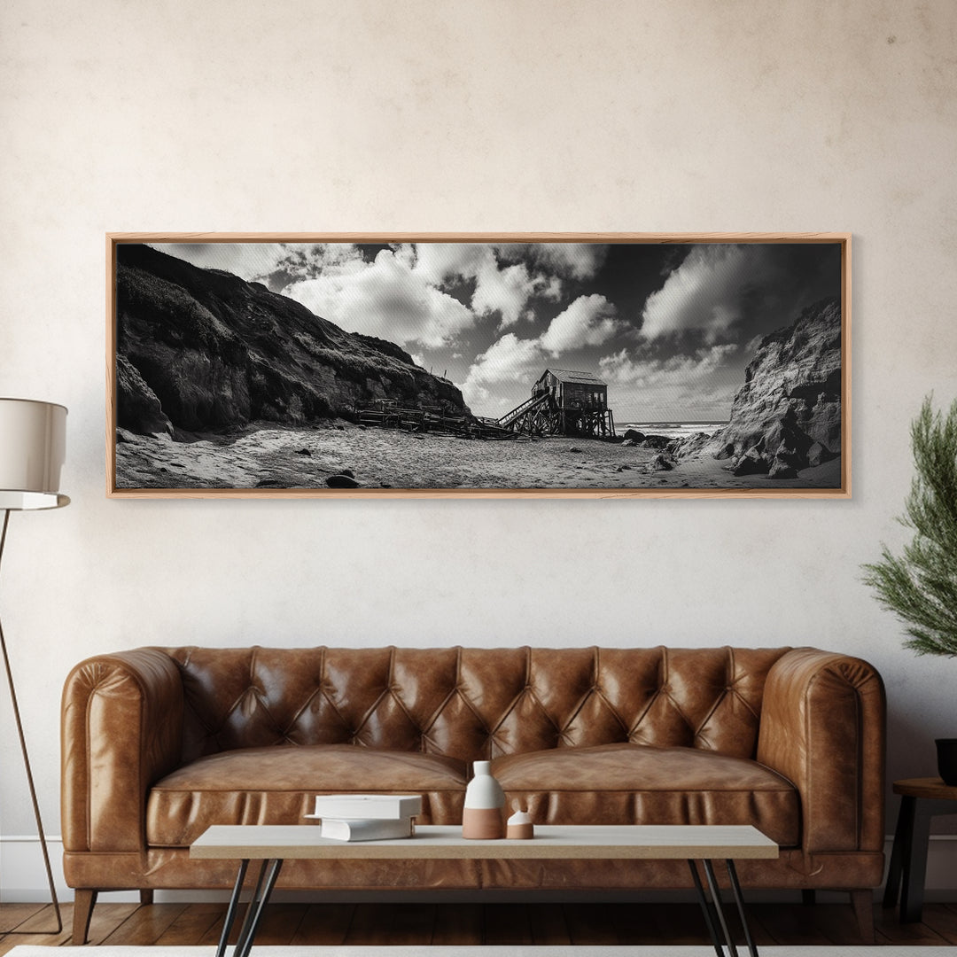 Cliff House, Ocean Cabin, Windy Coast, Framed Canvas Print, Moody Landscape Art, Rustic Wall Decor, Autumn Entryway Art