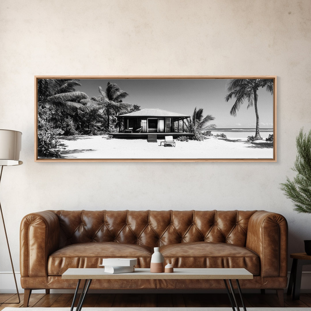 Beach House, Palm Retreat, Tropical Hideaway, Island Dream, Framed Canvas Print, Coastal Wall Art, Bedroom Decor, Tropical Vacation Aesthetic