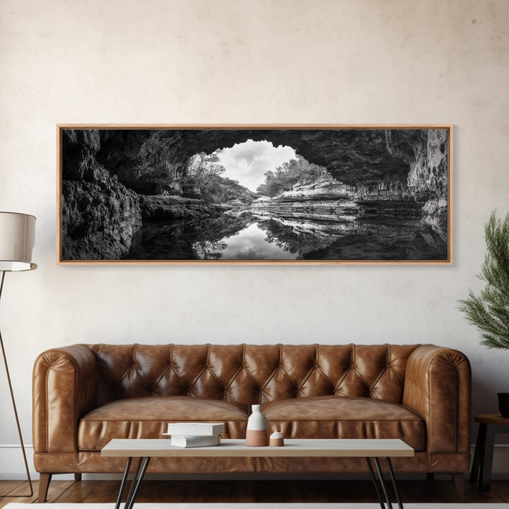 Cave Opening, Reflected Water, Nature Frame, Canvas Print, Monochrome Landscape, Natural Wall Art, Earthy Bathroom Art, Den Decor