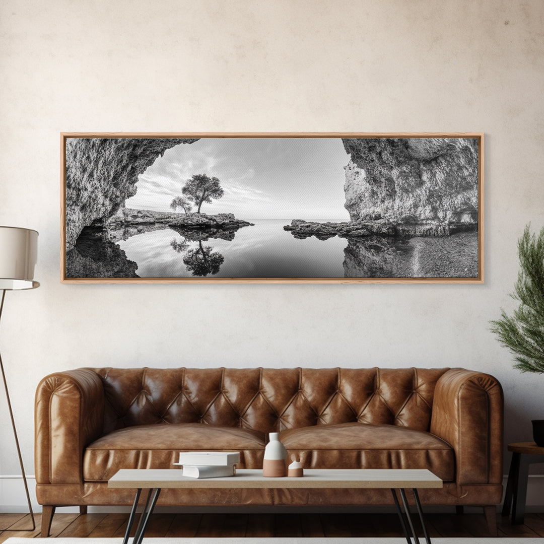 Coastal Cave, Reflection Landscape, Nature Calm, Framed Canvas Print, minimalist ocean wall decor, tranquil tree photography, zen entryway art