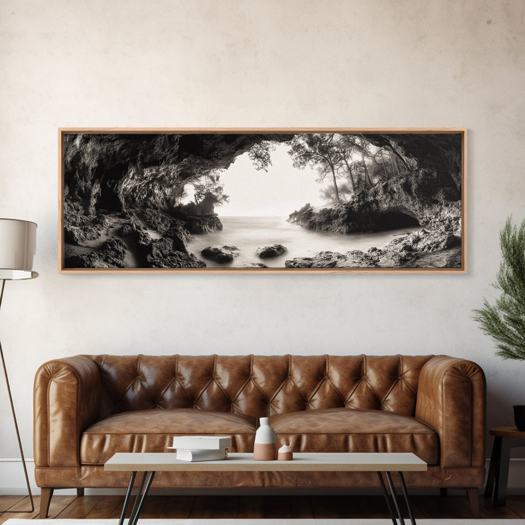 Ocean Cave, Coastal Trees, Natural Light, Canvas Print, tranquil coastal wall art, bedroom boho decor, dreamy nature scene artwork