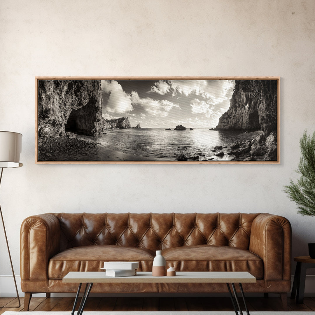 Coastal Cliffs, Ocean Horizon, Dramatic Sky, Framed Canvas Print, neutral living room decor, seascape photography, rustic modern wall art