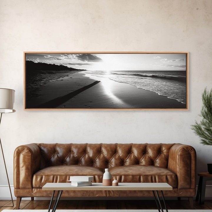 Beach Horizon, Sunset Shoreline, Ocean Reflections, Framed Canvas Print, black and white coastal art, modern bedroom wall decor