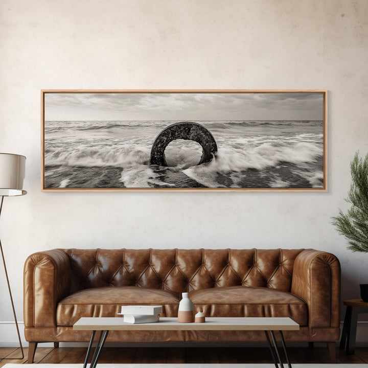 Ocean Ring, Waves Crashing, Sea Sculpture, Framed Canvas Print, unique beach photography, industrial coastal wall art, modern bathroom decor