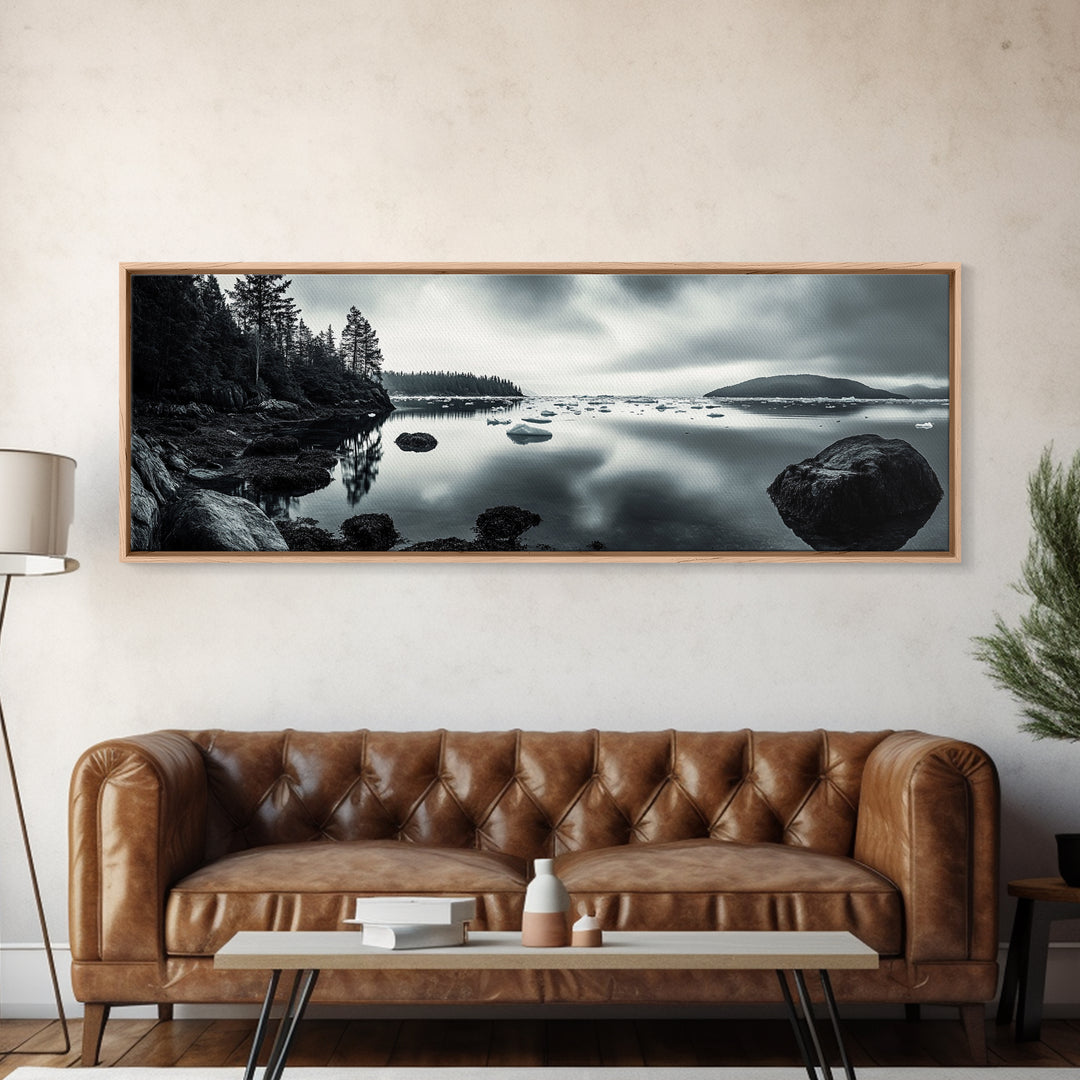 Arctic Shore, Ice Reflections, Northern Coastline, Framed Canvas Print, Moody ocean art, Coastal decor, Living room wall art, Monochrome nature