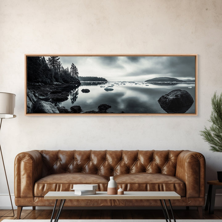 Arctic Shore, Ice Reflections, Northern Coastline, Framed Canvas Print, Moody ocean art, Coastal decor, Living room wall art, Monochrome nature