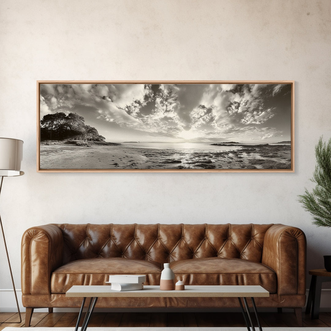 Coastal Sunrise, Expansive Sky, Cloudy Horizon, Framed Canvas Print, Earthy tone art, Beach house decor, Bedroom wall print, Serene landscape