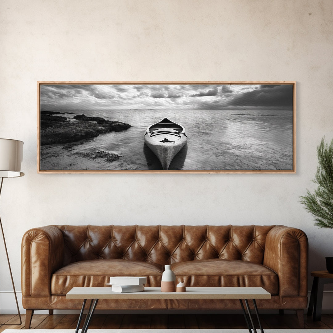 Canoe at Shore, Calm Waters, Peaceful Escape, Framed Canvas Print, Adventure art, Lakehouse decor, Hallway wall piece, Monochrome nature