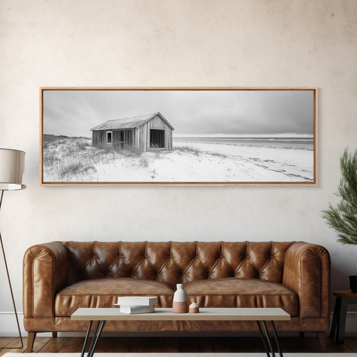 Abandoned Shack, Coastal Ruin, Weathered Barn, Ocean Horizon, Framed Canvas Print, Rustic Wall Art, Fall Decor, Minimal Seaside Aesthetic