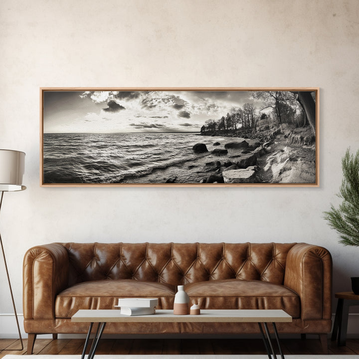 Coastal Shoreline, Autumn Landscape, Nature Photography, Framed Canvas Print, Rustic Decor, Lake House Art, Fall Wall Art, Neutral Tones