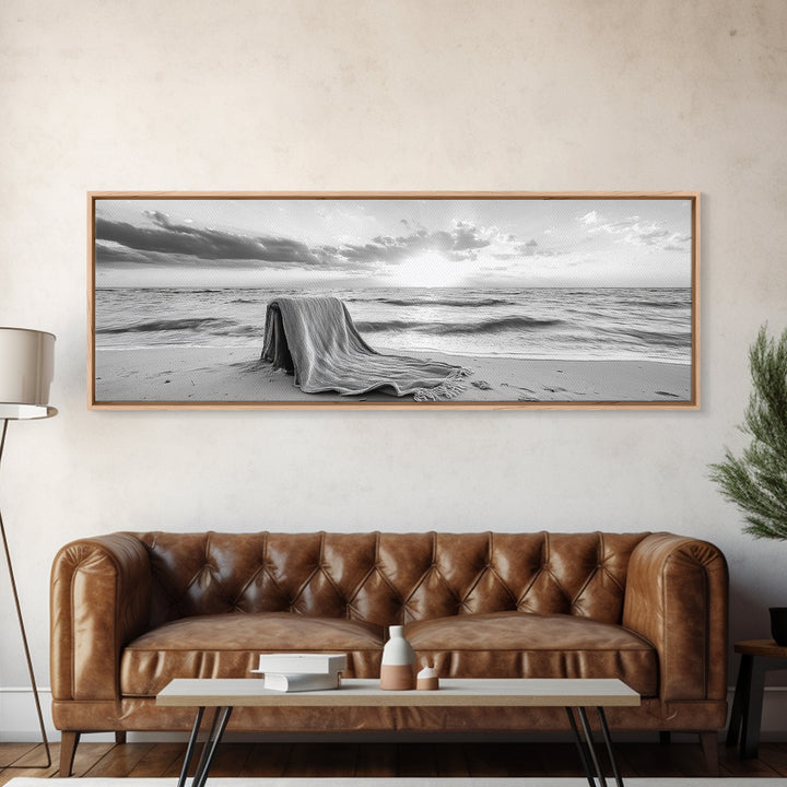 Blanket Beach, Woven Texture, Ocean Sunset, Tranquil Shore, Framed Canvas Print, Boho Wall Art, Bedroom Decor, Soft Coastal Photography Style
