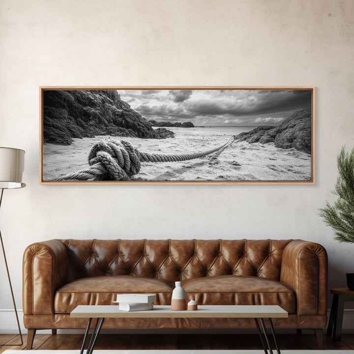 Nautical Rope Shore, Moody Ocean Rocks, Coastal Minimalist, Framed Canvas Print, Entryway Wall Art, Rustic Nautical Decor, Lakehouse Wall Art