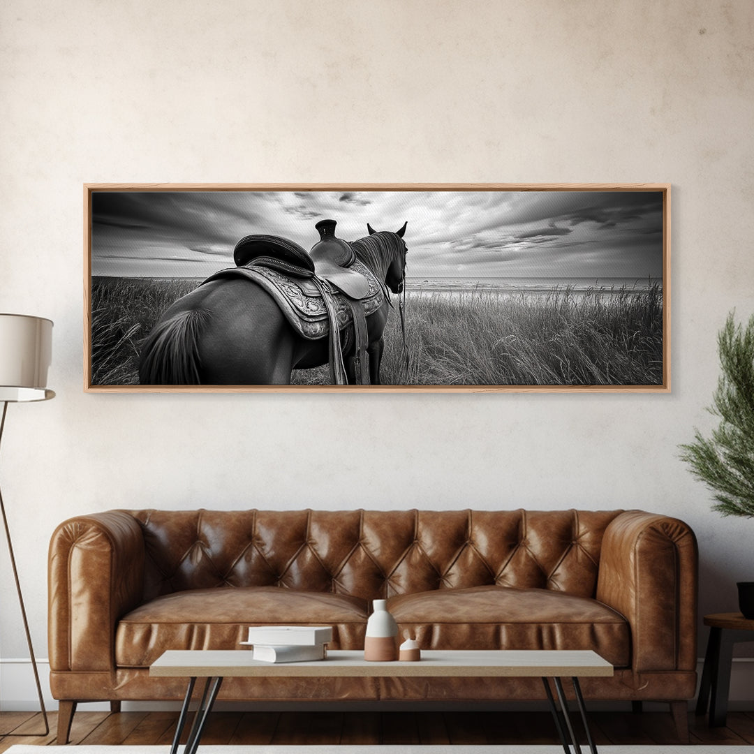 Western Horse Beach, Saddle Detail Horizon, Equestrian Art, Framed Canvas Print, Farmhouse Wall Art, Cowboy Country Decor