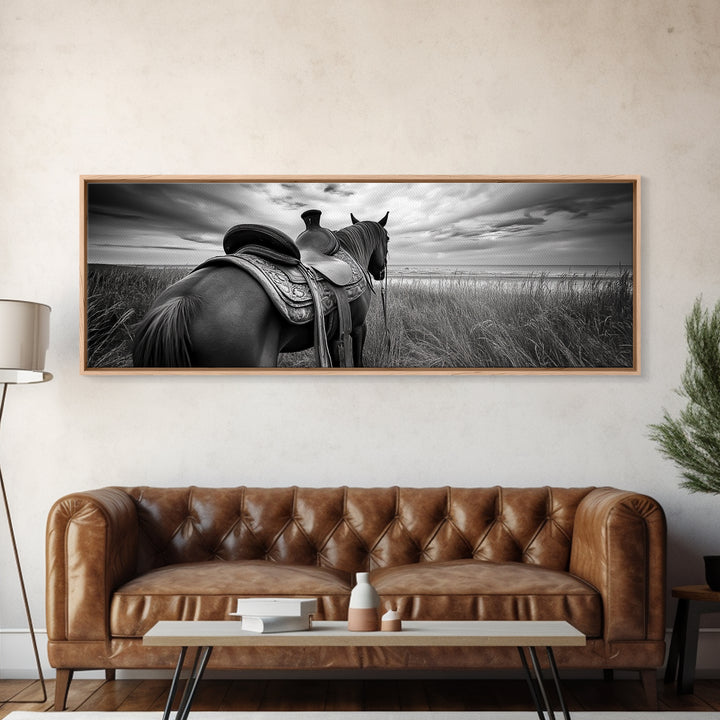 Western Horse Beach, Saddle Detail Horizon, Equestrian Art, Framed Canvas Print, Farmhouse Wall Art, Cowboy Country Decor