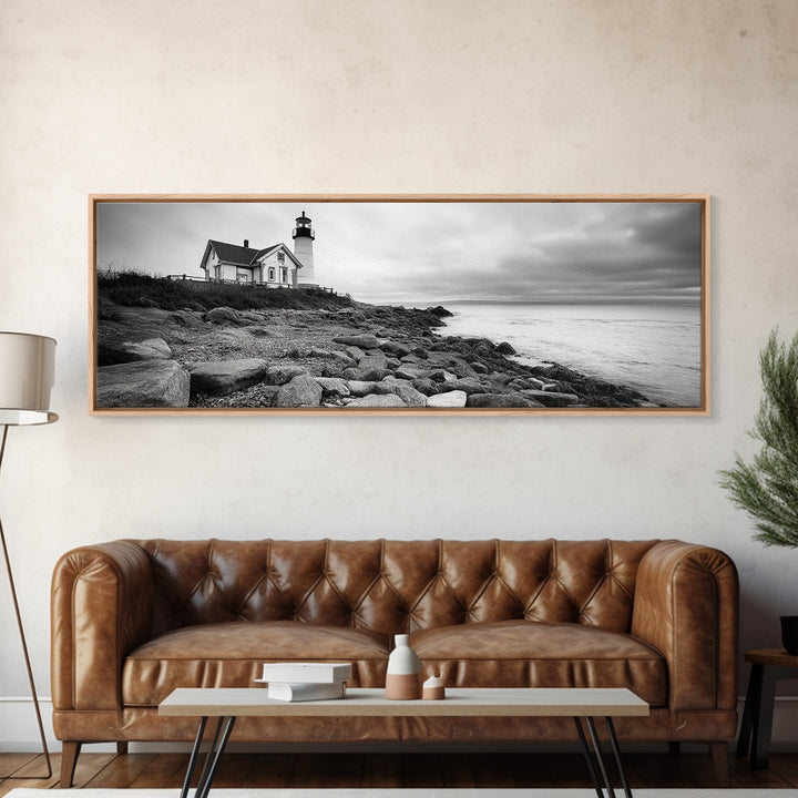 Classic Lighthouse Shore, Rocky Coastline Fog, Seaside Charm, Framed Canvas Print, Office Wall Art, New England Coastal Decor