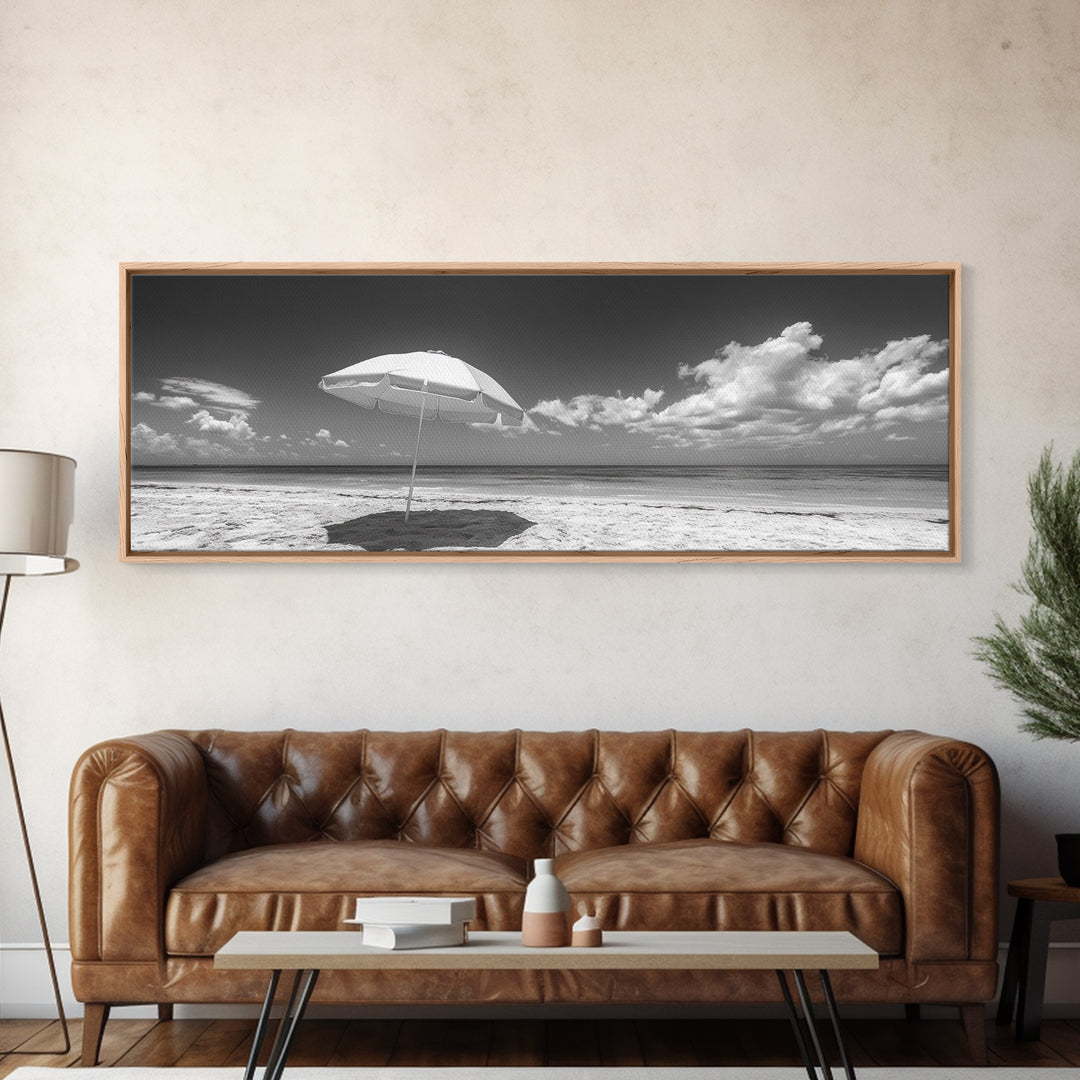 Beach Umbrella, Sunny Sky, Ocean Escape, Seaside Shade, Framed Canvas Print, Summer Wall Art, Bathroom Decor, Minimalist Coastal Style