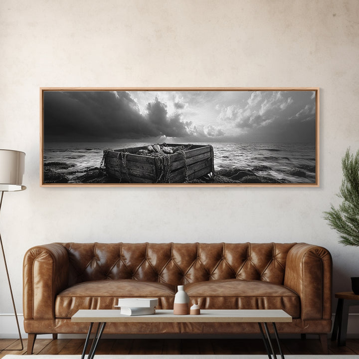 Ocean Harvest, Driftwood Crate, Coastal Mood, Framed Canvas Print, Nautical Wall Decor, Rustic Bathroom Art, Moody Coastal Artwork