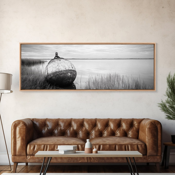 Coastal Buoy, Still Waters, Nautical Calm, Framed Canvas Print, Lakeside Bathroom Art, Maritime Style, Rustic Ocean Decor