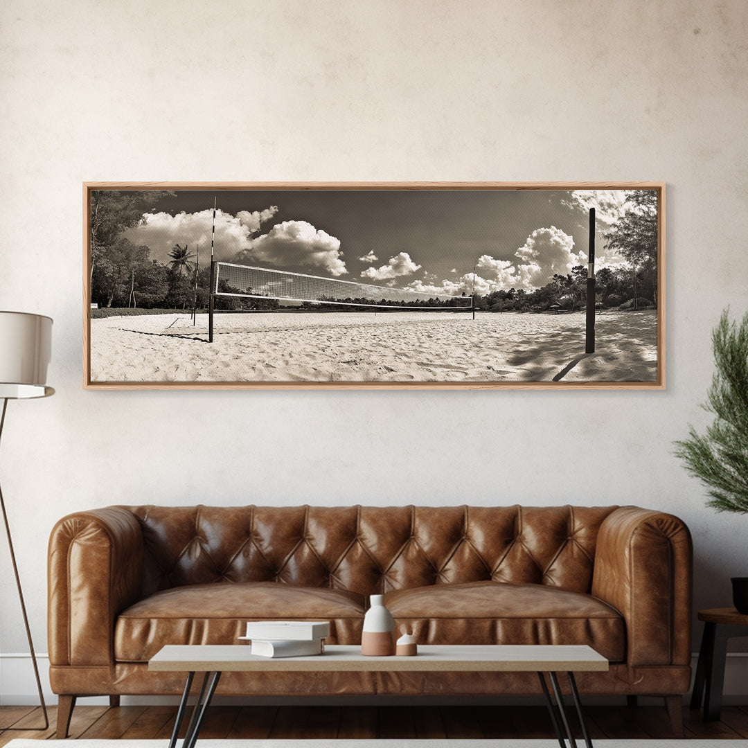Beach Volleyball, Sand Court, Summer Fun, Tropical Clouds, Framed Canvas Print, Sports Room Wall Art, Coastal Decor, Sepia Beach Art