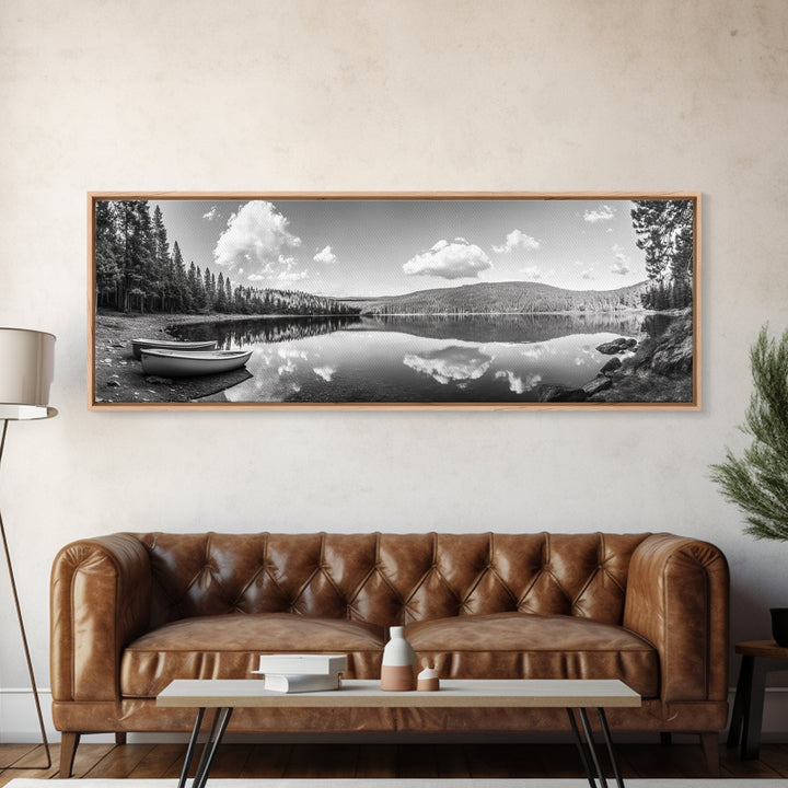 Canoe Lake, Still Water, Pine Forest, Outdoor Serenity, Canvas Print, Nature Wall Art, Rustic Cabin Decor, Peaceful Landscape, Neutral Tones