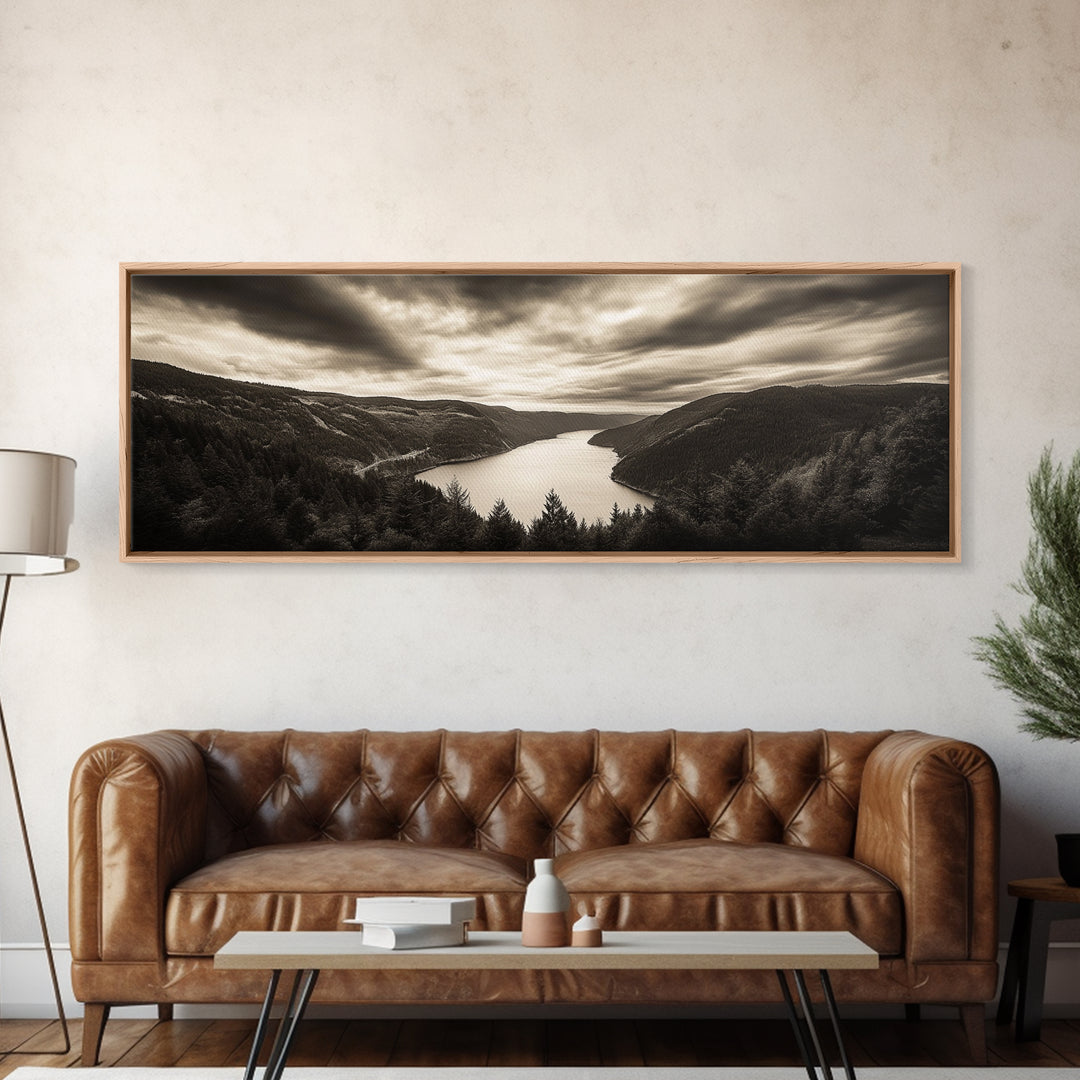 River Valley View, Dramatic Sky, Forest Landscape, Framed Canvas Print, Nature Photography, Entryway Wall Art, Moody Earth Tones