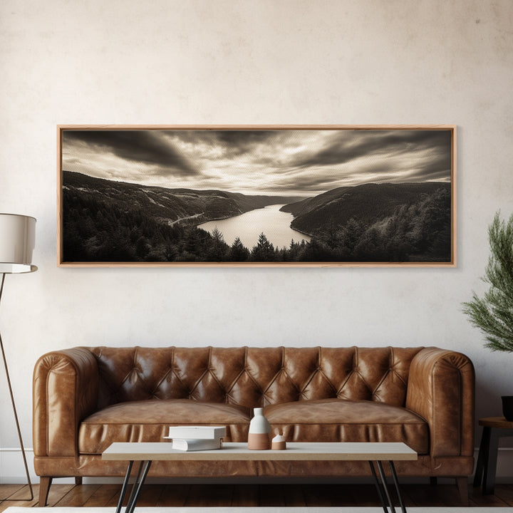 River Valley View, Dramatic Sky, Forest Landscape, Framed Canvas Print, Nature Photography, Entryway Wall Art, Moody Earth Tones