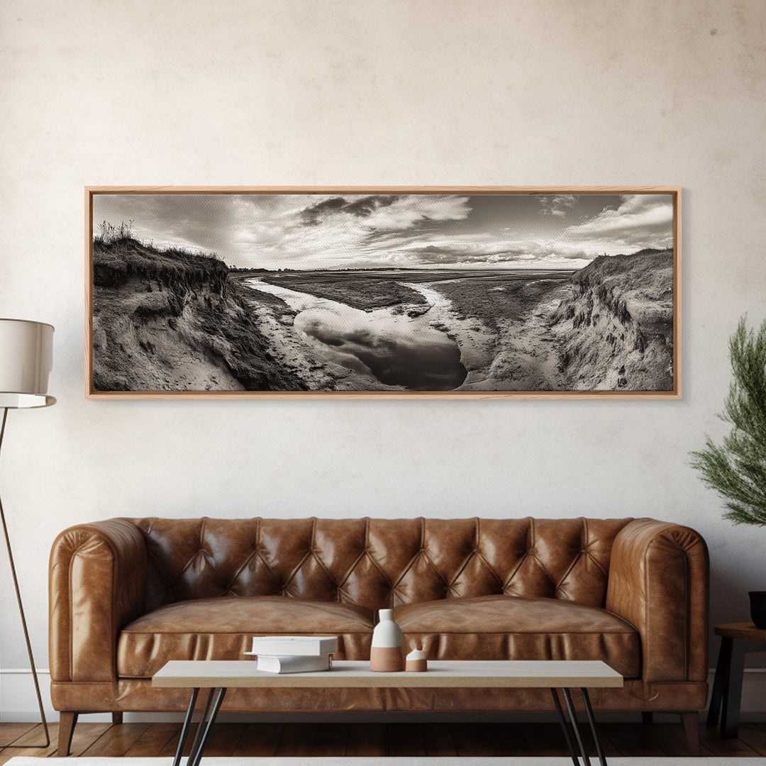 Marsh Landscape, Coastal Grasslands, Autumn Earth Tones, Framed Canvas Print, Fall Wall Art, Farmhouse Style, Rustic Entryway Decor