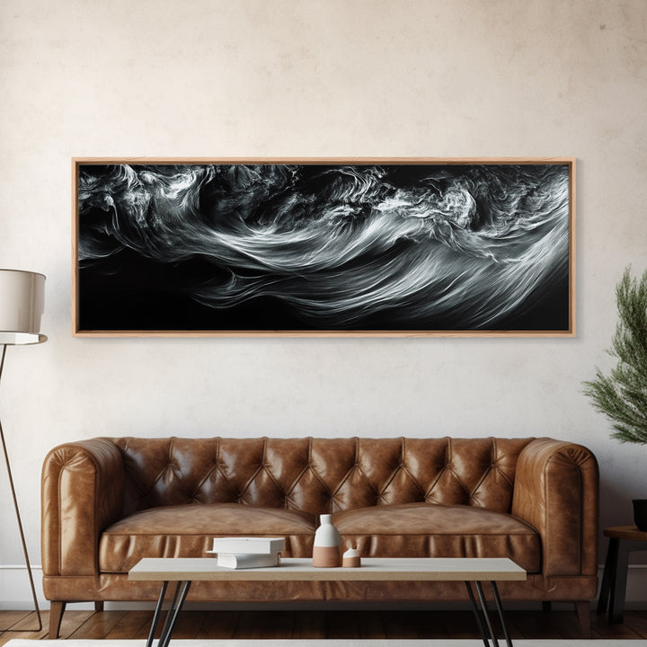Abstract Ocean Waves, Motion Energy Art, Black and White Fluid Lines, Framed Canvas Print, Modern Wall Art, Minimalist Living Room