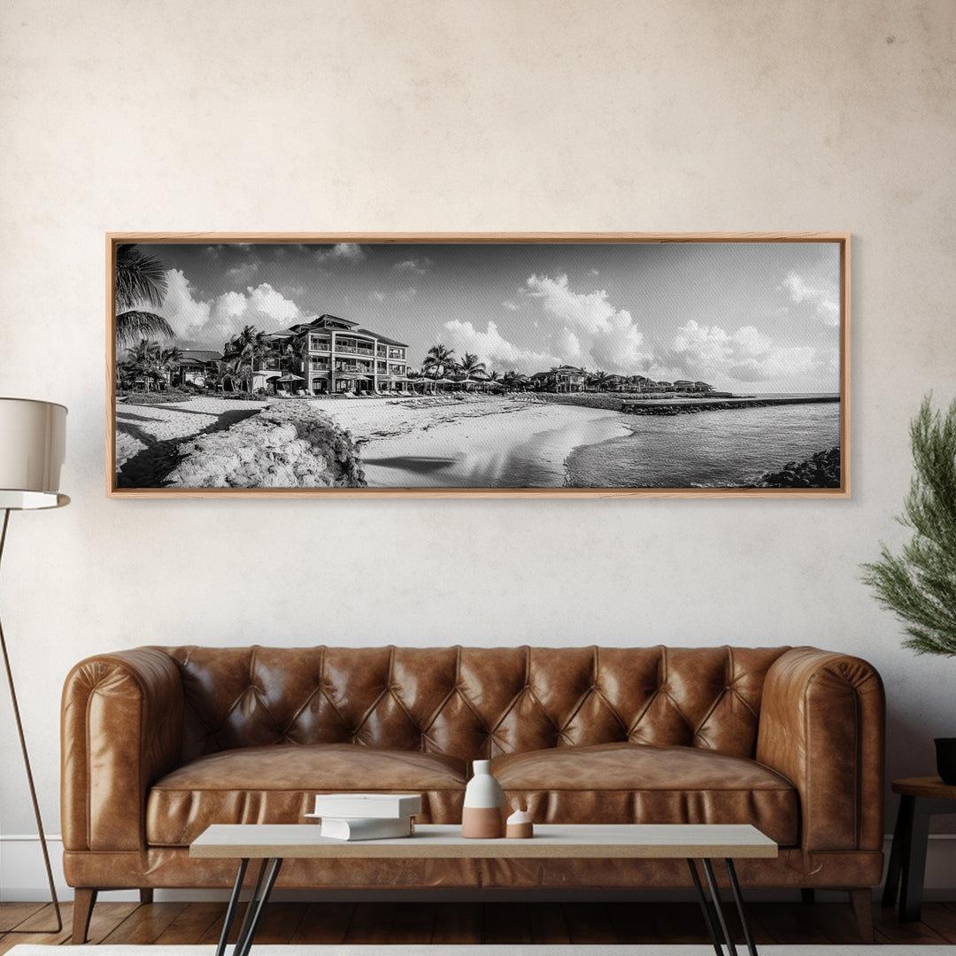 Beach Resort, Tropical Luxury, Oceanfront Hotel Art, Framed Canvas Print, Vacation Vibes, Bedroom Wall Art, Monochrome Decor
