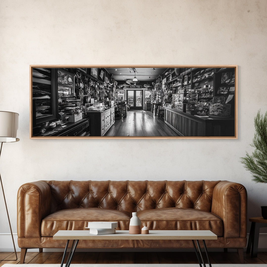 Vintage Shop, Curio Store, Rustic Nostalgia, Framed Canvas Print, Eclectic Wall Art, Bar Decor, Moody Retro Interior Accent
