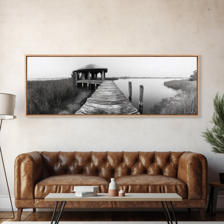Abandoned Pier, Lakeside Shack, Black and White Marsh, Framed Canvas Print, Rustic Entryway Art, Minimalist Coastal Cabin Decor