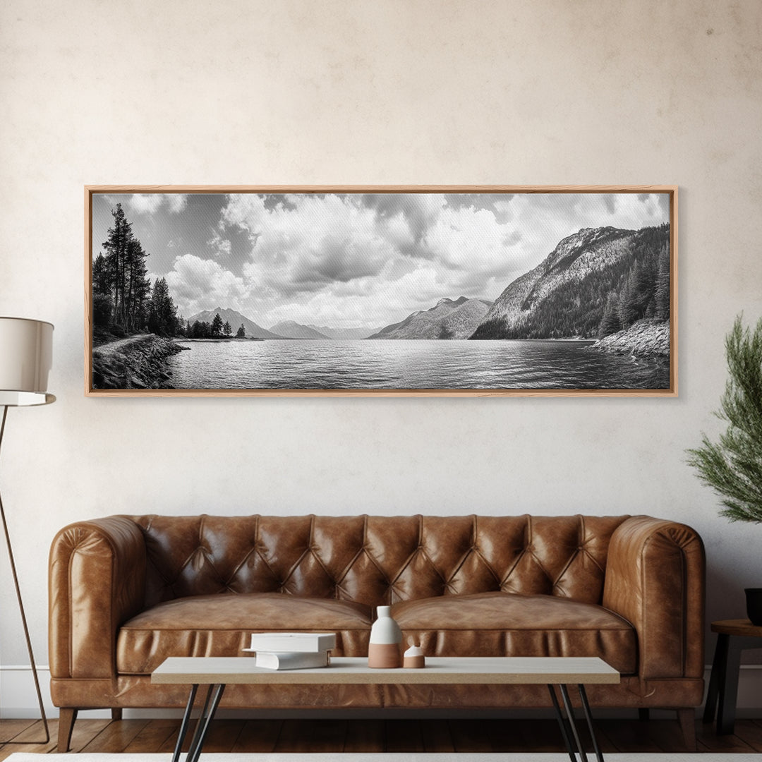 Mountain Lake, Forest Panorama, Serene Wilderness, Framed Canvas Print, Nature Lover Wall Art, Rustic Lodge Decor, Neutral Palette