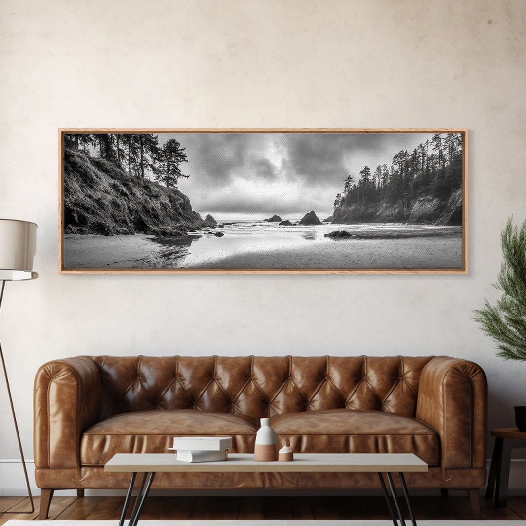 Misty Coastline, Dramatic Shore, Moody Ocean Scene, Framed Canvas Print, Coastal Living Room Art, Black and White Nature Decor