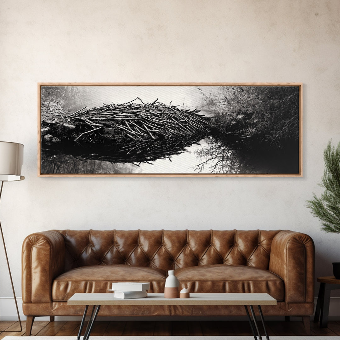 Beaver Dam, Nature Structure, Quiet Creek, Reflection Art, Framed Canvas Print, Cabin Wall Art, Rustic Decor, Woodland Black and White Art