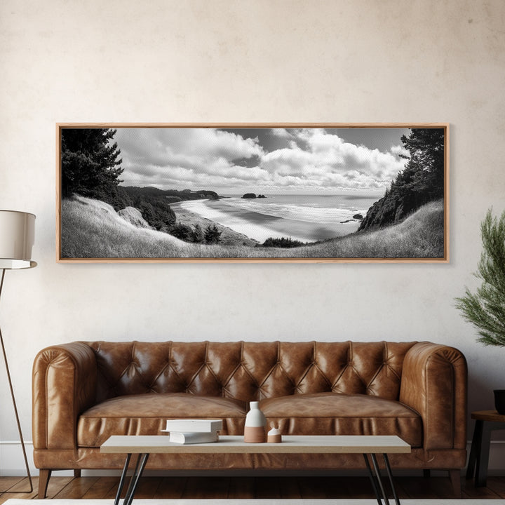 Ocean Bluff View, Seaside Hills, Coastal Forest Horizon, Framed Canvas Print, Nature Landscape Art, Living Room or Office Decor