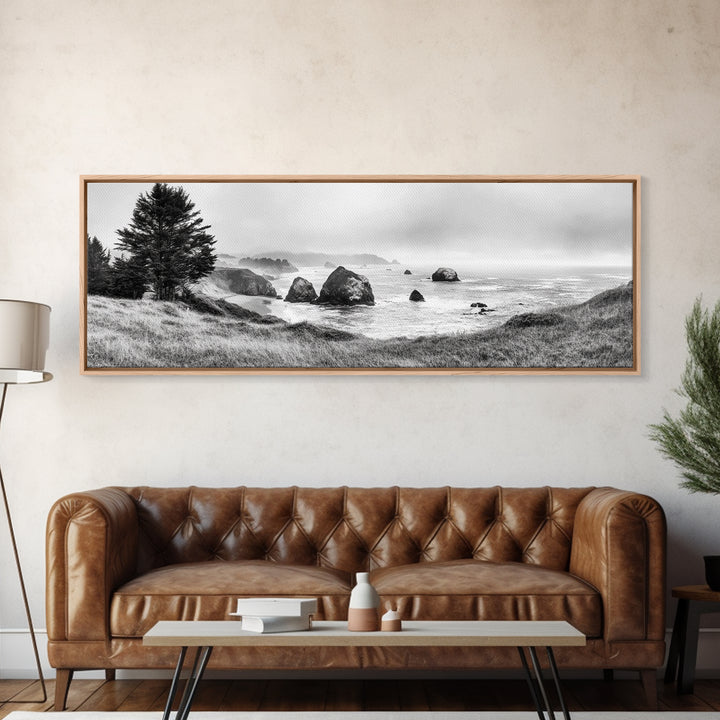 Rocky Coastline Mist, Ocean Cliffs, Foggy Seascape, Moody Decor, Canvas Print, Coastal Wall Art, Nature Photography, Living Room Decor