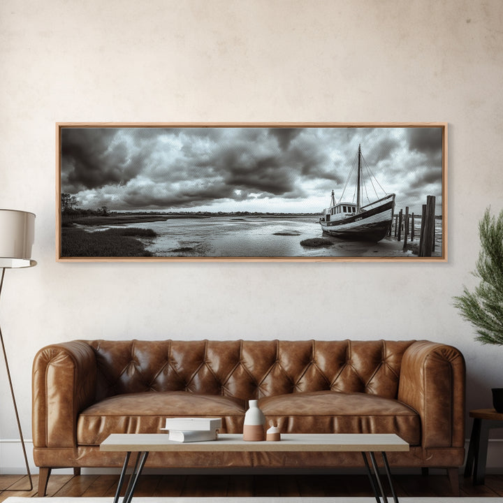 Abandoned Fishing Boat, Coastal Storm Scene, Rustic Nautical Decor, Framed Canvas Print, Beach House Art, Autumn Decor, Moody Wall Print