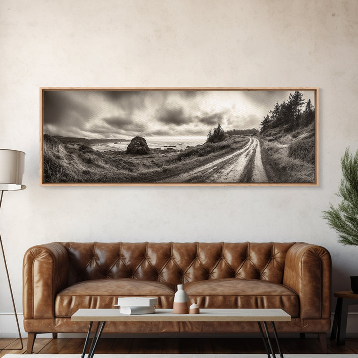 Coastal Road Journey, Overcast Ocean View, Scenic Drive Art, Framed Canvas Print, Fall Landscape Wall Art, Nature Lover, Living Room Decor