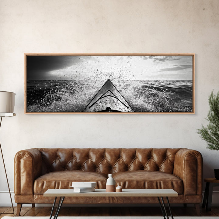 Ocean Kayak Splash, Adventure Wall Art, Ocean Motion, Black And White Canvas Print, Modern Decor, Nautical Style, Sports Lover Gift