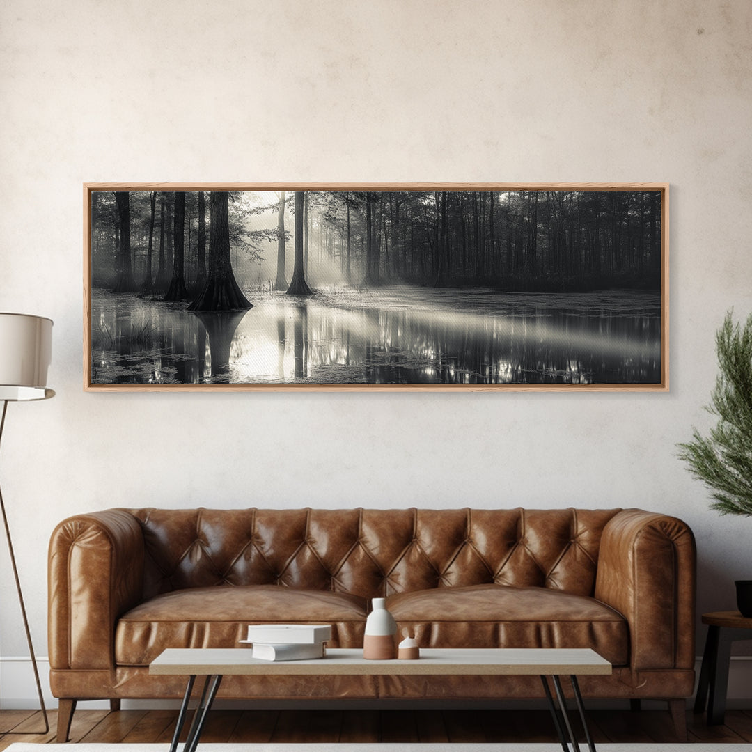 Cypress Swamp, Foggy Forest, Morning Light, Still Waters, Framed Canvas Print, Nature Wall Art, Autumn Decor, Moody Forest Photography