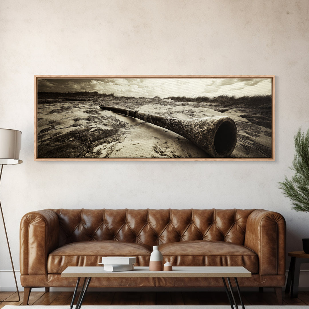 Didgeridoo Desert Scene, Tribal Instrument Art, Rustic Beach Vibe, Boho Music Decor, Framed Canvas Print, Eclectic Living Room Wall Art