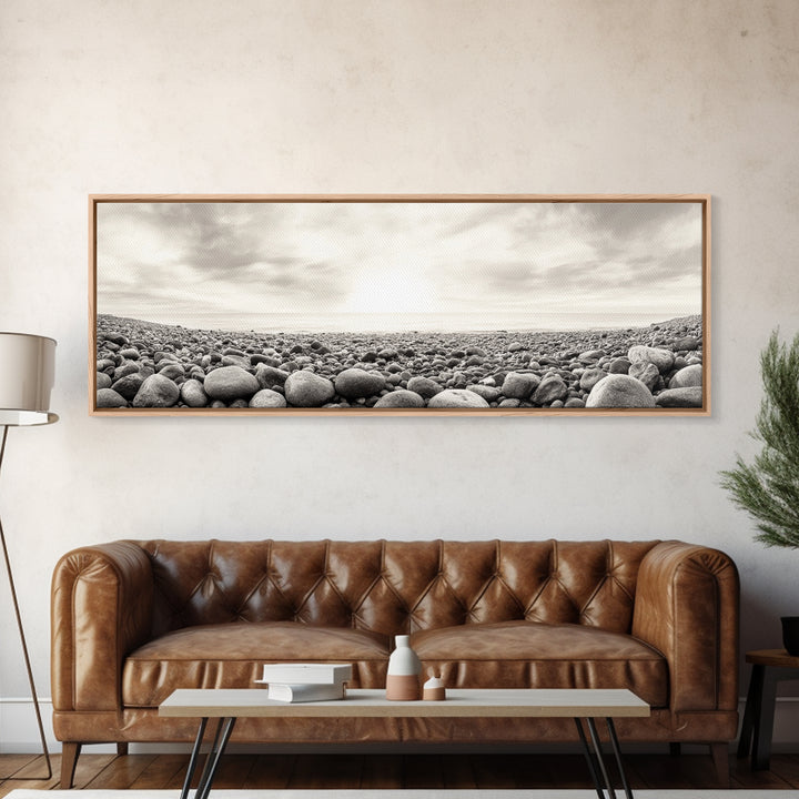 Pebble Shoreline, Soft Horizon, Beach Sunrise, Calm Coastal Decor, Framed Canvas Print, Neutral Tones, Bedroom Wall Art, Nature Minimalism