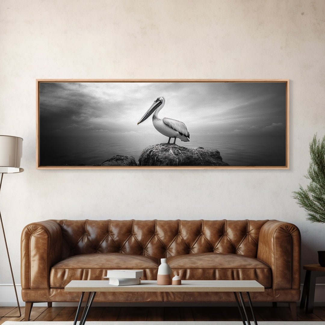 Coastal Pelican, Ocean Rock, Tranquil Wildlife Scene, Framed Canvas Print, Beach House Wall Art, Seaside Nature Decor, Moody Tones