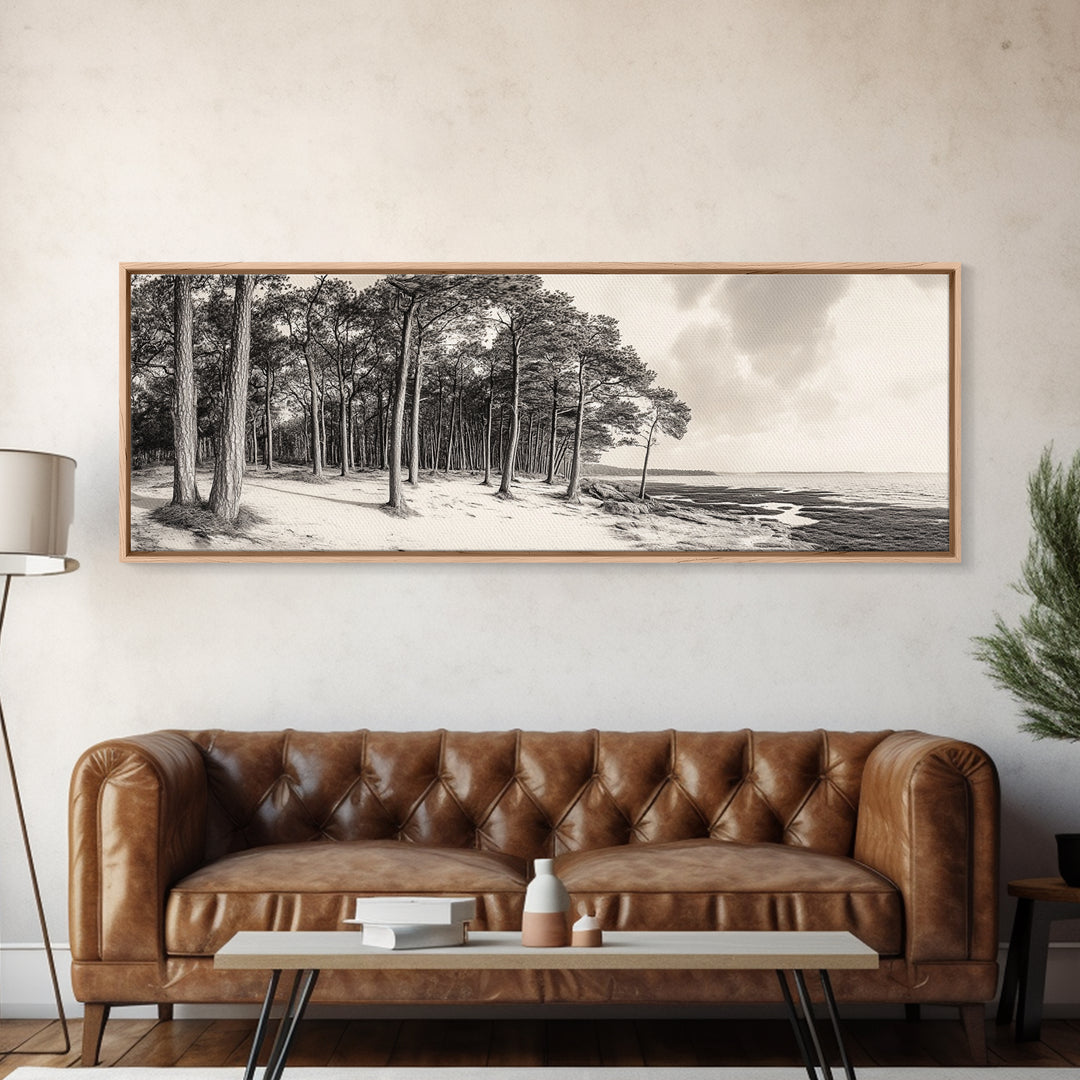 Pine Forest Coast, Tranquil Wilderness, Shoreline Trees, Earthy Coastal Scene, Framed Canvas Print, Rustic Wall Art, Autumn Cabin Decor