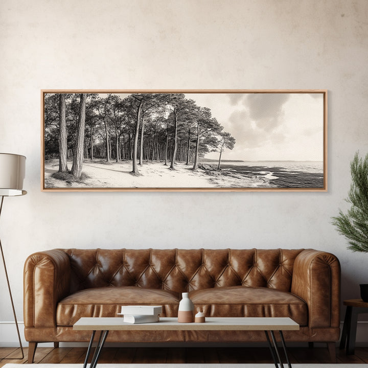 Pine Forest Coast, Tranquil Wilderness, Shoreline Trees, Earthy Coastal Scene, Framed Canvas Print, Rustic Wall Art, Autumn Cabin Decor