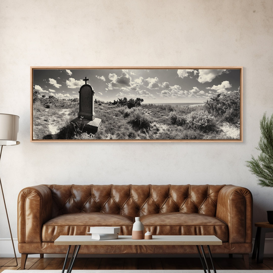 Coastal Tombstone, Sacred Landscape, Ocean Horizon, Graveyard Scene, Framed Canvas Print, Fall Living Room Decor, Moody Historical Art