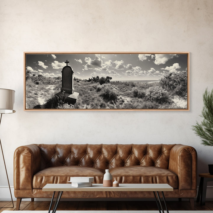 Coastal Tombstone, Sacred Landscape, Ocean Horizon, Graveyard Scene, Framed Canvas Print, Fall Living Room Decor, Moody Historical Art