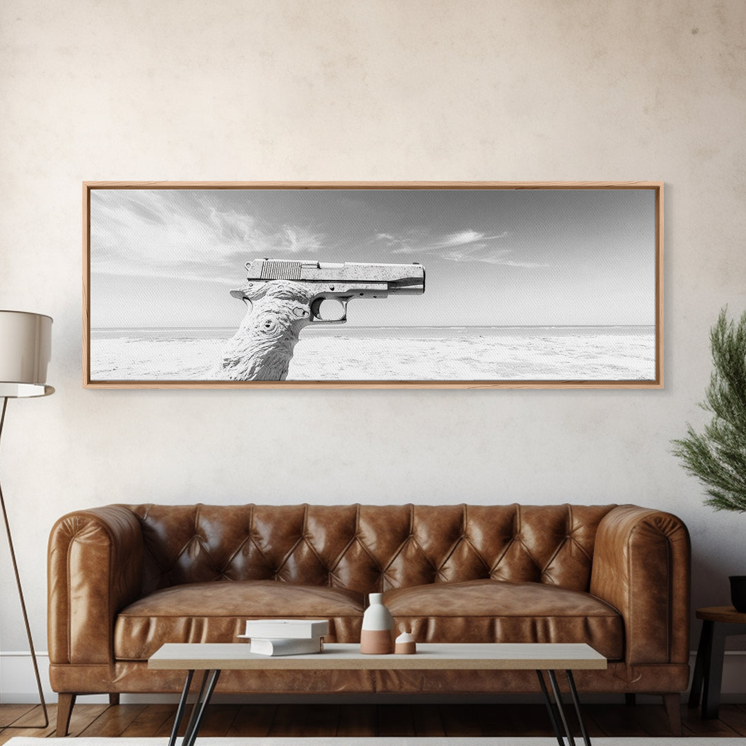 Desert Gun, Driftwood Grip, Coastal Surreal, Canvas Print, Minimalist Wall Art, Western Decor, Modern Living Room Art, Black and White Photo
